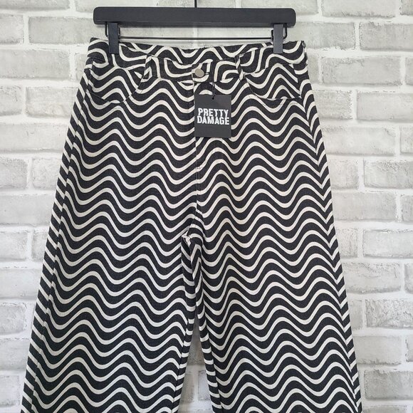 Pretty Damage Wavy Denim Pants Black White Size Medium NWT - Picture 6 of 8